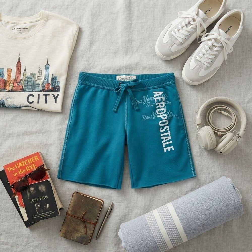 Aeropostale Women's M Teal Sweat Shorts Drawstring Pockets New York City Graphic
